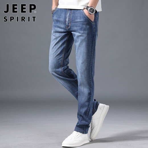 JEEP SPIRIT吉普牛仔裤男宽松春夏季男士直筒裤微弹休闲裤 磨白蓝色 34
