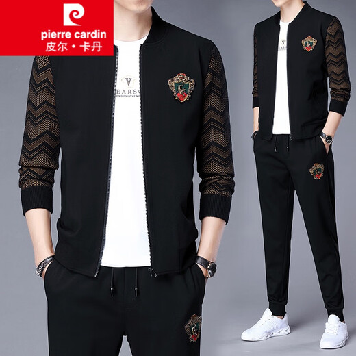 Sweat-shirt de Pierre Cardin Sweat Men's Sports Suit pour hommes et automne décontracté deux pièces décontractées et polyvalent beaux pantalons veste veste en tricot noir 6628 165 / 80A