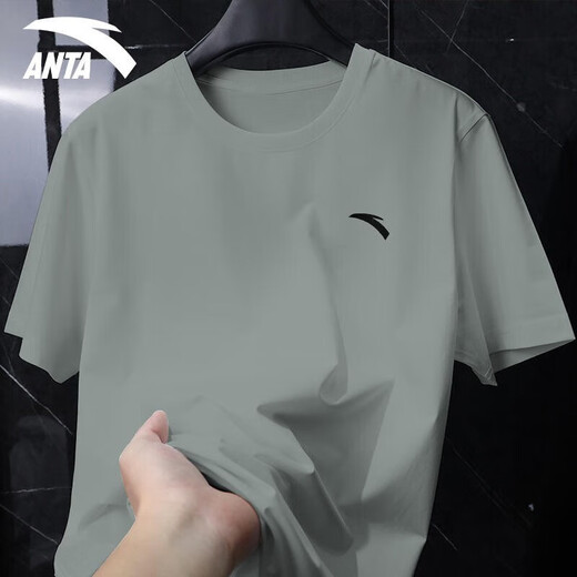 Anta (Anta) Ice Seide Kurztrocknend kurzärmeliges T-Shirt für Männer 2025 Frühlings- und Sommermänner Kühle atmungsaktive elastische Lauffitness Sportbekleidung Grau [Ice Seide Schnellrocknen] L /175 für 120-140jin geeignet [Jin gleich 0,5 kg]