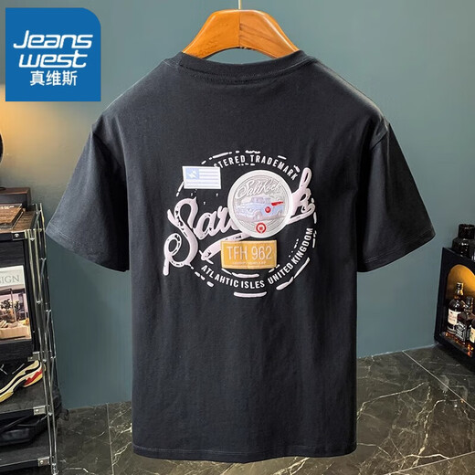 Jeanswest white T-shirt men's summer 2025 new trendy printed T-shirt American light luxury Xinjiang cotton comfortable short-sleeved T-shirt black JSW9906 black XL recommended weight 124-140Jin Jin equals 0.5 kg to wear