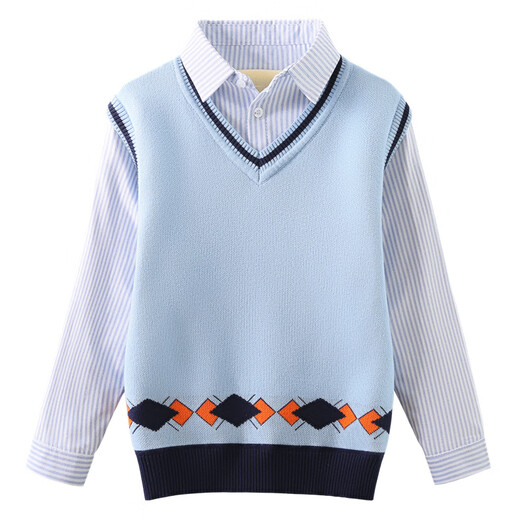 Xin Yueqing Boy Pullover Pullover Strick -Pullover Herbst und Winter neuer Stil mittel- und großer Kinderhemdkragen gefälscht zwei modische kleine Jungen Weste 605 Marine (hinzugefügte Samt) 170 cm