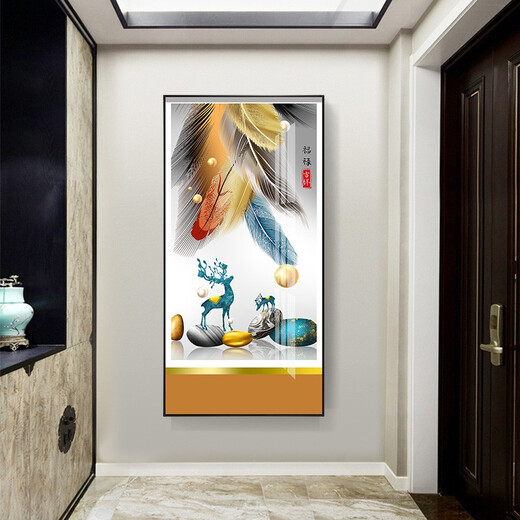 莫画泸林现代简约玄关装饰画正对门壁画走廊尽头挂画轻奢麋鹿过道入户门画 12-福禄吉祥12131 烤瓷镶钻80*160炫酷黑