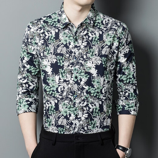 EUSTON PAUL 100% cotton shirt men's autumn new retro style men's long-sleeved personalized fashion trend printed shirt men's 9902 Green L