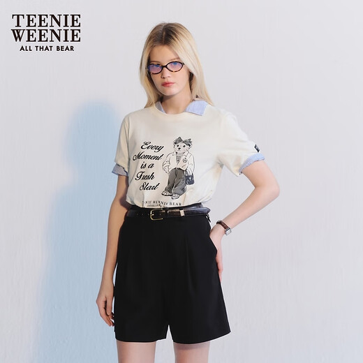 Teenie Weenie小熊女装夏季圆领大熊短袖T恤宽松时髦休闲简约上衣 乳白色 160/S