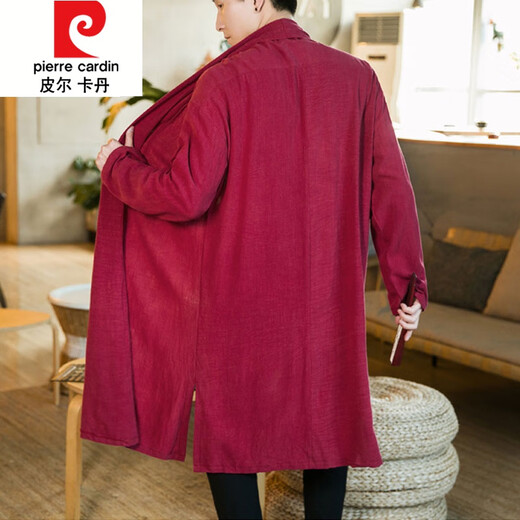 Пьер Карден (pierre cardin) длинная ветровка из хлопка и льна в китайском стиле, мужская свободная повседневная длинная рубашка с лацканами, плащ Ханфу, двубортный повседневный пиджак, темно-синий, M 100-120Jin Jin, вес 0,5 кг.