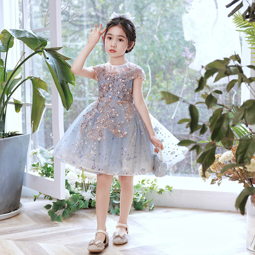 小咔衣浓女童礼服儿童生日公主裙蓬蓬纱花童婚纱高端女孩主持人钢琴演出服 1591蓝色前短后长 130