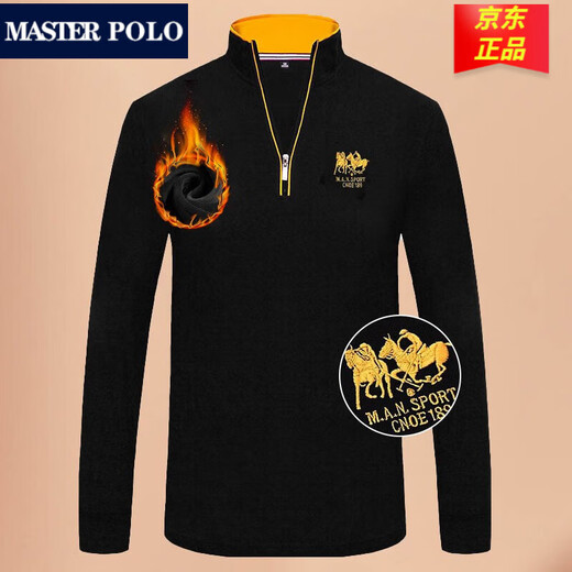 Meister Polo Paul T-Shirt Offizielle Marke Luxus Samt verdickte Stand Halsband Reißverschluss Langarm Langarm Herrenschildkrötenpolo Hemd Herrenherbst und Winter JR9905-A Schwarz L.
