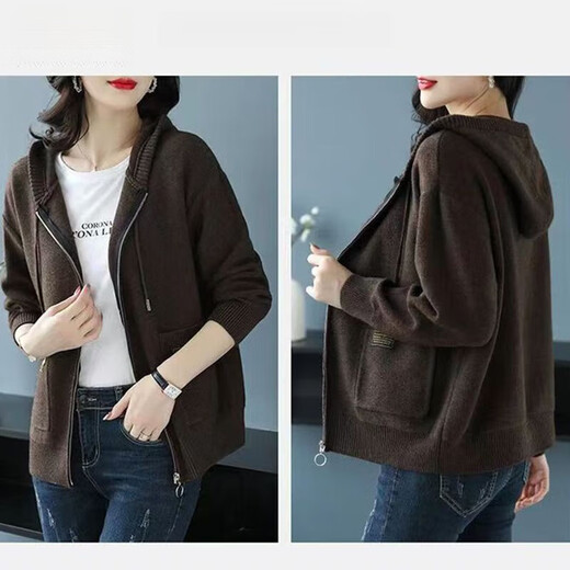 FSHE Hooded Zipper Knitted Cardigan Women's Jacket 2025 Jacket Women's Spring and Autumn New Korean Fashion Loose Thickened Top Beige L 110/120Jin Jin equals 0.5 kg