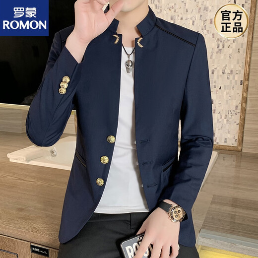
ROMON Zhongshan suit men's spring and autumn jacket young slim casual thin small suit Chinese stand collar clothes Navy blue XL