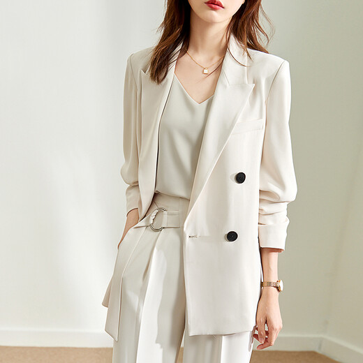 Shandubila temperament pleated three-quarter sleeves double-breasted suit jacket for women autumn new fashion casual small suit cream frost white jacket 6746 M