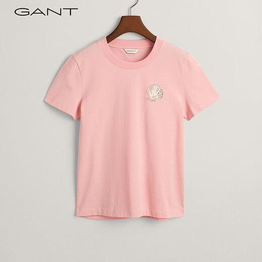 Gant/Gante New Damen-Tops modische, vielseitige, einfache und bequeme Muschelsticke mit kurzärärmernem, festen Farben runden Nacken T-Shirt 671-Pink L.