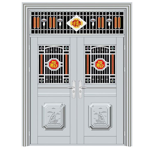 勤凯304不锈钢对开门农村自建房入户门别墅防盗进户门厂家直销双开门 福字款【定制-测量价】