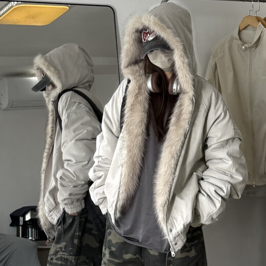 OEMG Mountain Carving Cotton Clothes Men's Autumn and Winter American Retro Hooded Trendy Brand High Street Short Design Sensational Jacket Thick Jacket Light Gray XL Recommended 110-130Jin Jin equals 0.5 kg