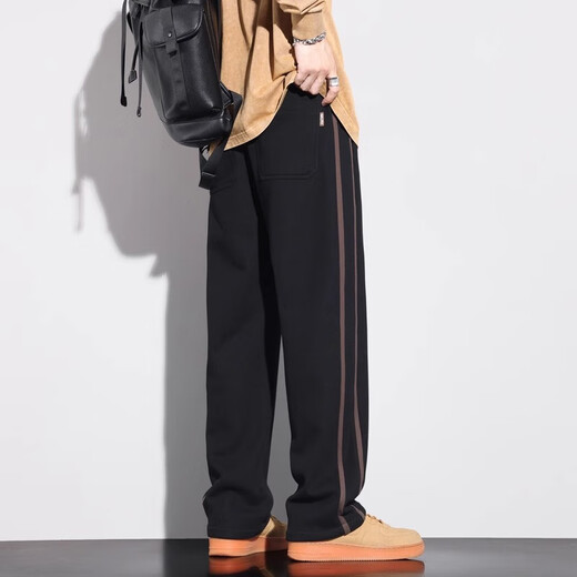 GPEJ plus velvet thickened men's pants autumn and winter side stripes black casual pants men's wide-leg straight-leg waist pants trousers winter 831 brown plus velvet XL