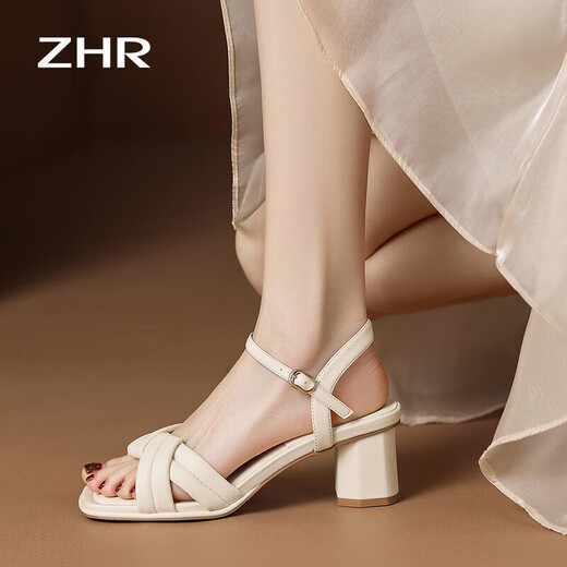 
ZHR Sandals for women in summer elegant one-strip thick heels for women's shoes gentle solid color high heels for women Y683 beige 38