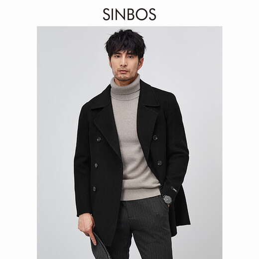 SINBOS毛呢大衣男中长款纯羊毛双面呢新款休闲西装领男士呢子外套春秋款 黑色 175