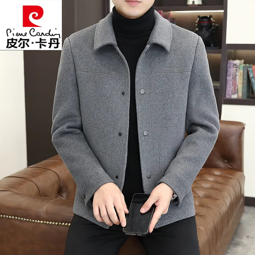 Pierre Cardin high-end double-sided woolen coat men's short jacket men's autumn and winter casual woolen coat men's top khaki (double-sided woolen coat) XL (136-155Jin Jin equals 0.5kg)