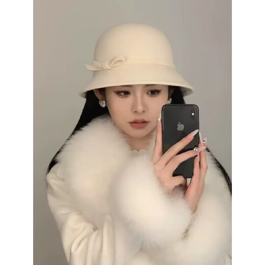 橙子蛋挞复古留洋千金白月光帽子女款法式优雅名媛礼帽赫本风羊毛呢渔夫帽 白色 可调节(54-58)