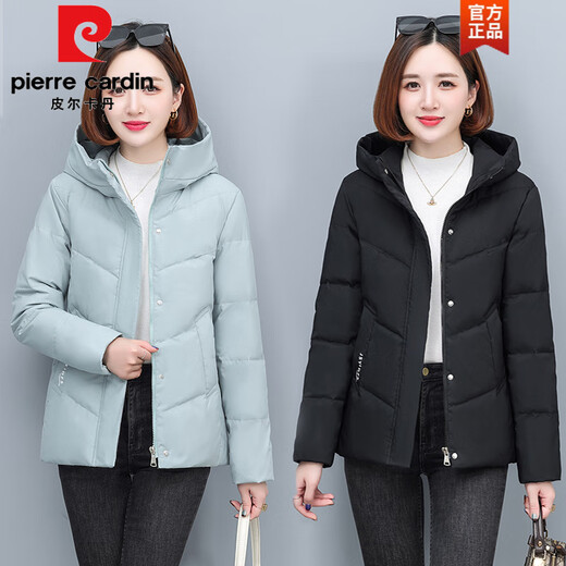 Pierre Cardin down jacket women's hooded 2026 winter new style high-end 90 white duck down short warm and fashionable mom wear black XL recommended 115-125 Jin Jin equals 0.5 kg
