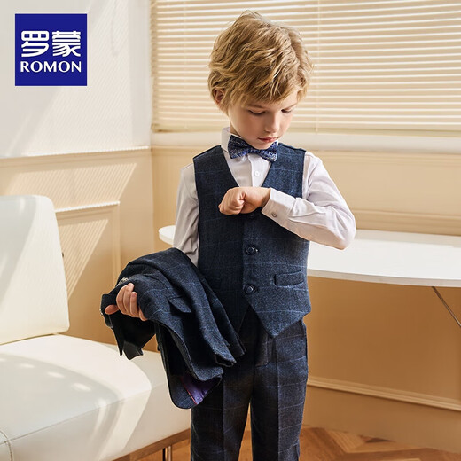 罗蒙儿童西装套装男童主持人花童礼服演出服 蓝线格五件套 130