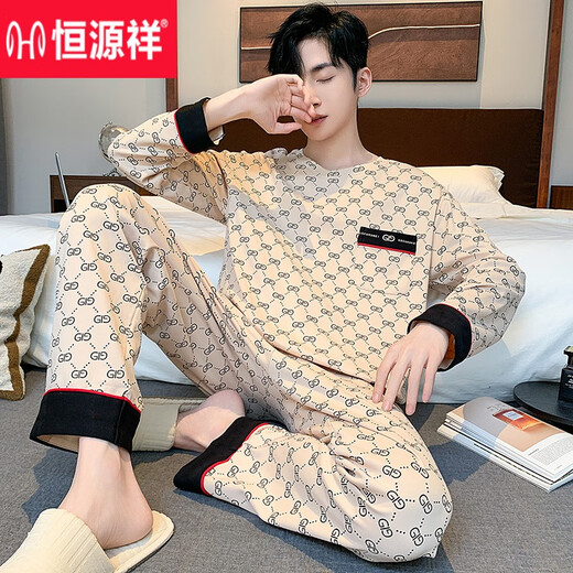 恒源祥（HYX）纯棉睡衣男长袖春秋款全棉休闲宽松大码可外穿家居服两件套装秋季 KJ9901 2XL (180)