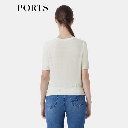PORTS Women's Clothing Shopping Mall The same style as early autumn versatile soft focus beads printed knitted T-shirt LP9K719SKT021 Milk White XS