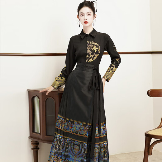 闻莺燕改良汉服成人女国风金线刺绣凤凰织金妆花马面裙套装女日常套装 9711凤凰黑金马面裙 S