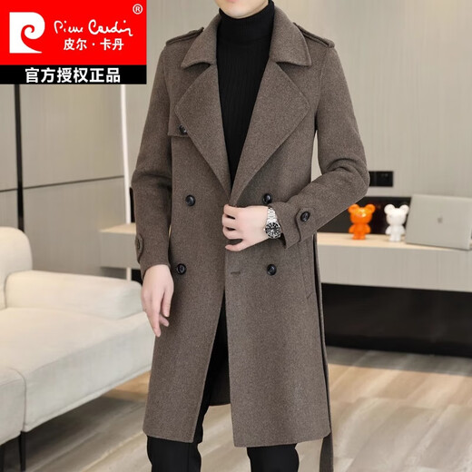 皮尔卡丹（pierre cardin）毛呢大衣男中长款帅气腰带修身羊绒呢子外套羊毛双面呢子风衣针织 咖啡色 170/M【建议90-110斤】