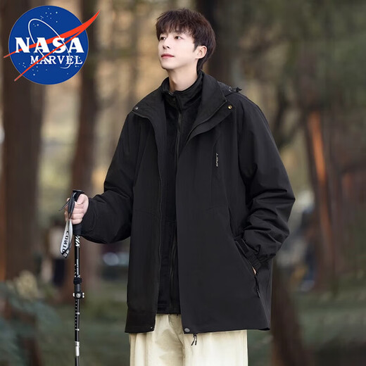 NASA MARVEL Jacket Autumn and Winter Assault Jacket Three-in-One Hooded Outdoor Detachable Couple Mountaineering Suit Khaki 2XL