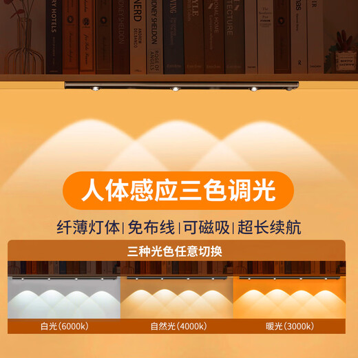 Qifan LED human body sensor lamp with charging wireless kitchen wardrobe cabinet shoe cabinet entrance cat eye lamp hill ripple lamp 1 pack ultra-thin 40CM black shell/3 lamp beads