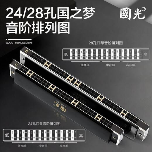 Guoguang Shanghai Guoguang 28-Loch Polyphonic Mundoniconica Professionelle und ältere Menschen spielen polyphonische Mundharmonika für Männer und ältere Mädchen, die Geschenke geben [professionelle Aufführung] Guozhimeng 28-Loch Polyphonische C-Tone Black + Big Geschenktüte