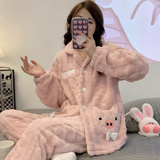 Langsha Coral Velvet Pajamas for women for summer long-sleeved 2025 new flannel thickened warm spring and summer home clothing set 9221 M:[75-100Jin[Jin equals 0.5 kg]]