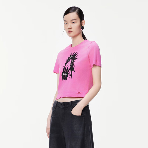 Camiseta de verano de Jnby/Jiangnan Buddy para mujer delantero delantero de la mujer Fun Fun Fun estampado Simple Slim Fit Micro-Stretch 5o4112770 690/polvo mixto L l