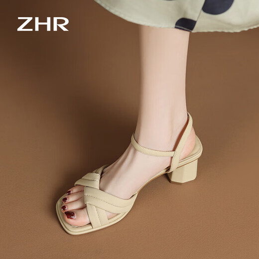 
ZHR Sandals for women in summer elegant one-length strap thick heels for women gentle solid color high heels for women Y683 light yellow 38