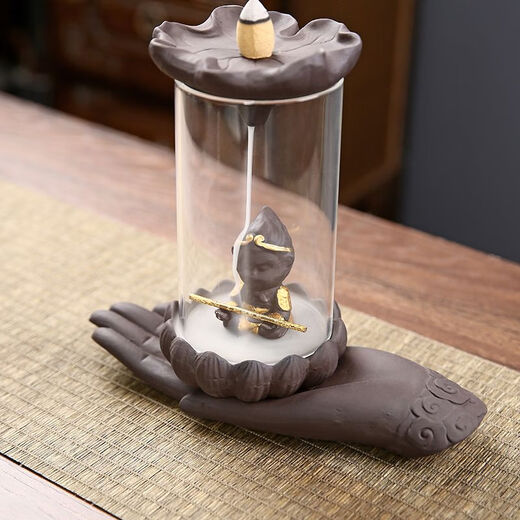 American and foreign new Chinese Zen backflow incense burner, glass cover, windproof, indoor household ornaments, sandalwood, agarwood, smoke, Pixiu base - praying for the great sage, artificial random installation - E