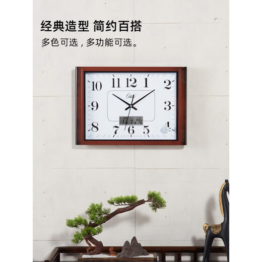 康巴丝;COMPAS挂钟客厅钟表 方形简约时钟居家办公挂表电子石英钟日历家用 6626 木纹黑盘简约   49*34厘米