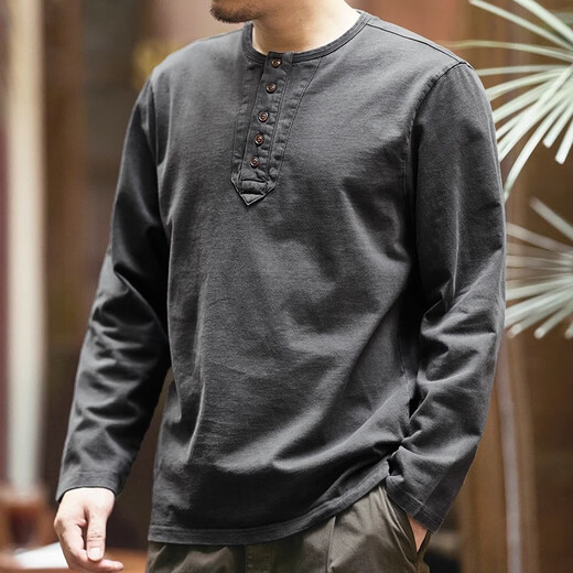 Chaotishi high-end retro long-sleeved t-shirt for men in autumn loose large size pure cotton tough guy casual Henry collar bottoming shirt top mocha brown L 130-145Jin Jin is equal to 0.5 kg