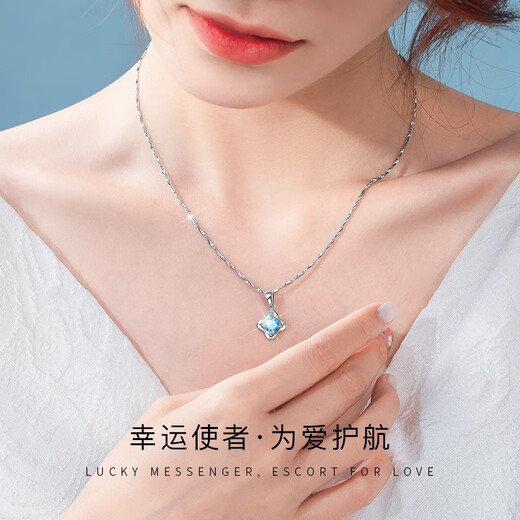 AHK light luxury 999 pure silver necklace women's four-leaf clover pendant clavicle chain anniversary birthday gift for girlfriend and wife blue topaz + premium limited gift box