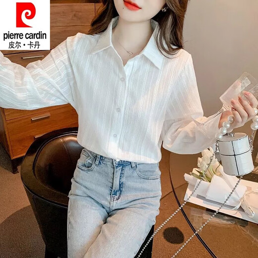 Pierre Cardin 2025 new pure cotton long-sleeved striped shirt spring and autumn new design niche tops casual shirts for women white 2XL recommended 120-130Jin Jin equals 0.5 kg