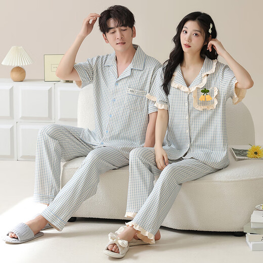浪莎（LangSha）睡衣情侣装夏季纯棉7A抗菌短袖长裤家居服一男一女夏天可外穿套装 6227情侣装 女M+男XL