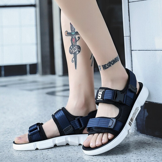 Changxiang Huili Junior High School Student Sandals for Men in Spring and Autumn and Summer Outdoor Casual Beach Shoes Men Korean Velcro Sandals Men W9921 Black and White 39