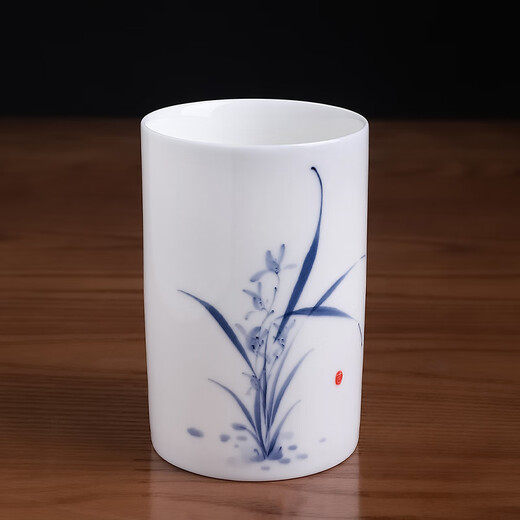 东方泥土陶瓷手绘彩梅兰竹菊笔筒教师节礼物感恩送老师同学可定制纪念礼品 兰花笔筒 釉下彩【青色】