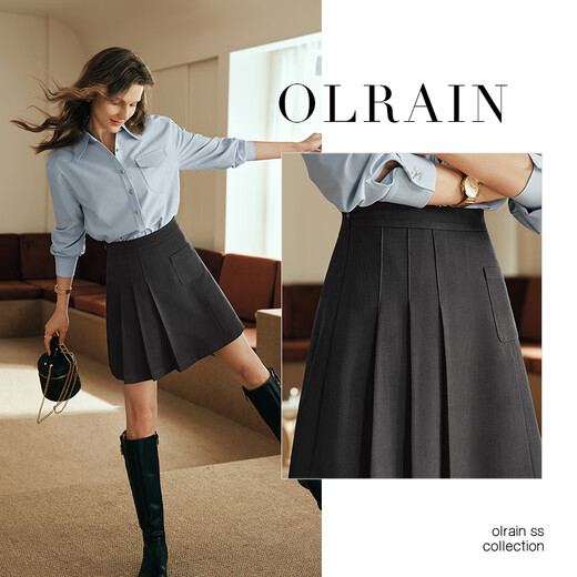 
Olrain Ourui'er skirt women's autumn high waist A-line irregular pleated suit skirt dark gray M