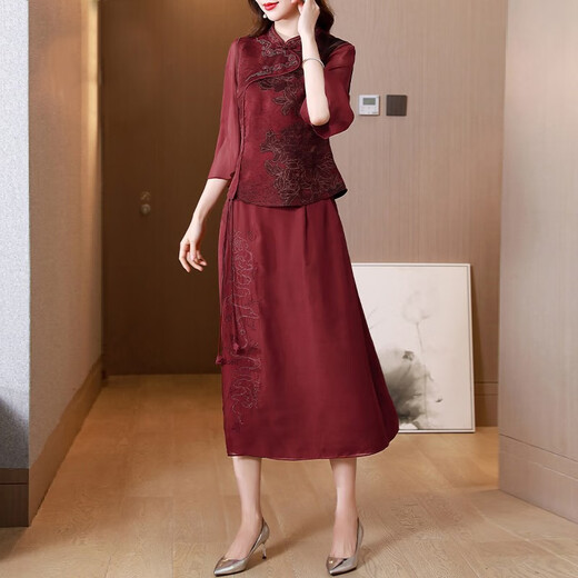 卡搭（kraallda）品牌香云纱套装女桑蚕丝真丝两件套皮草绣花复古中式喜婆婆婚宴裙 红色 L
