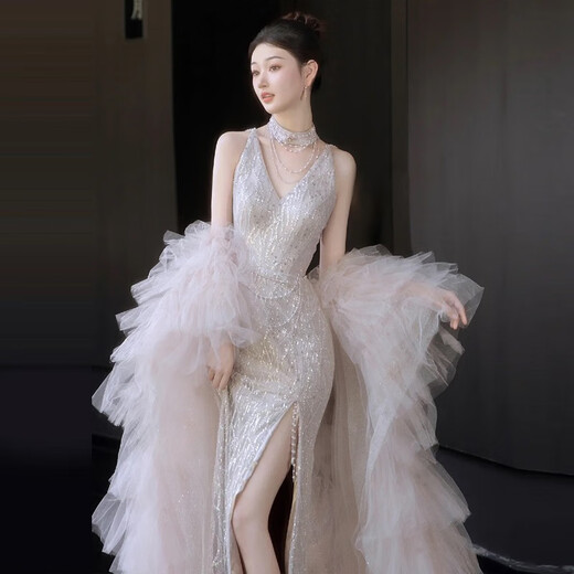 现宝莲宴会晚礼服长裙女艺考鱼尾感仙气年会主持人小众名媛 白色 S