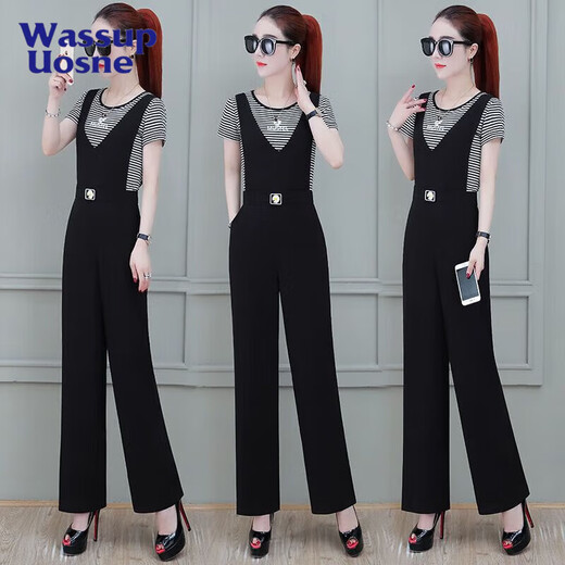 
Simple position strap wide-leg pants for women 2025 summer new Korean style fashionable age-reducing black pendant feeling slimming suspender jumpsuit white top + overall pants set one size s 2 feet 1105Jin [Jin equals 0.5 kg]