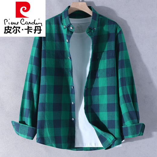 皮尔卡丹（pierre cardin）大格子长袖衬衫男绿色纯棉衬衣服初中高中学生春秋季新款外套 CS867黑白 (纯棉面料) 3XL (适合体重170斤-185斤穿)