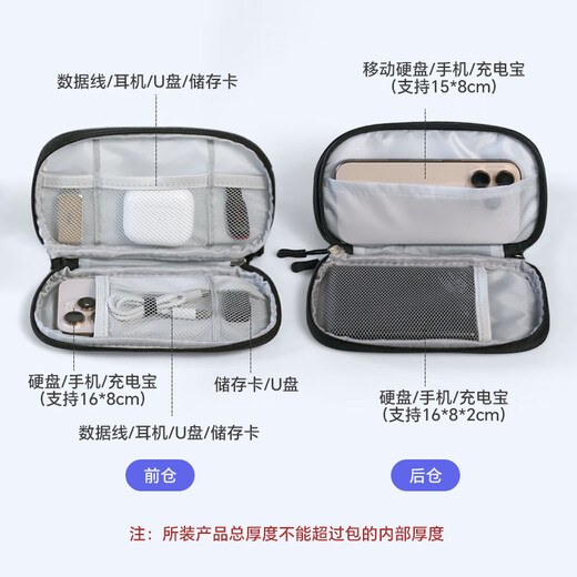Benzheni Digital Data Cable Storage Bag Travel Portable Charger Hard Drive Headset Mouse Mobile Power Accessories Storage Bag Double Layer Gray