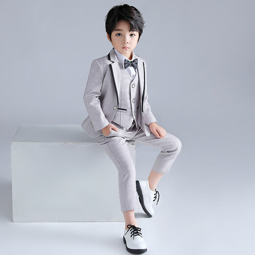 闪闪蓝宝 儿童西装男童礼服西服套装花童演出服小孩钢琴表演服主持人正装 灰色外套+马甲+长裤+领结 120码建议体重37-43斤