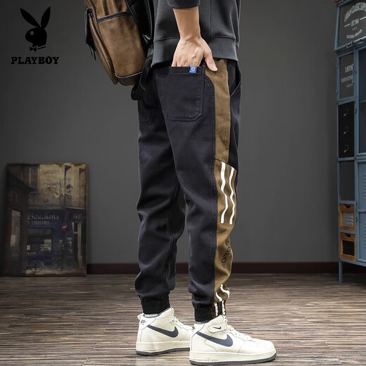 Playboy 2025 Autumn and Winter New Trendy Brand Workwear Versatile Casual Pants Men's Striped Large Size Handsome Harem Sports Pants Black L Suitable Weight 130-145Jin Jin is equal to 0.5 kg